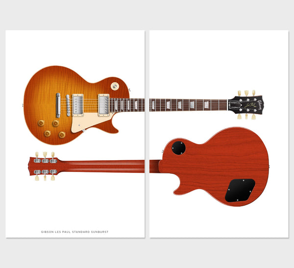 Gibson Les Paul Standard Guitar Poster  Sunburst Front & Back (set of 2), Wall Decor, Guitar Print, Guitar Art