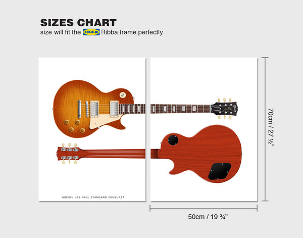 Gibson Les Paul Standard Guitar Poster  Sunburst Front & Back (set of 2), Wall Decor, Guitar Print, Guitar Art