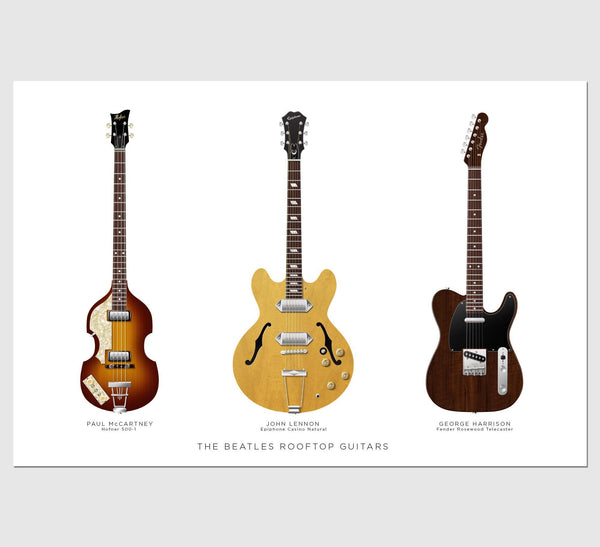 The Beatles Rooftop Guitars Poster: Paul McCartney Hofner 500-1, John Lennon Epiphone Casino, George Harrison Fender Telecaster Guitar Print