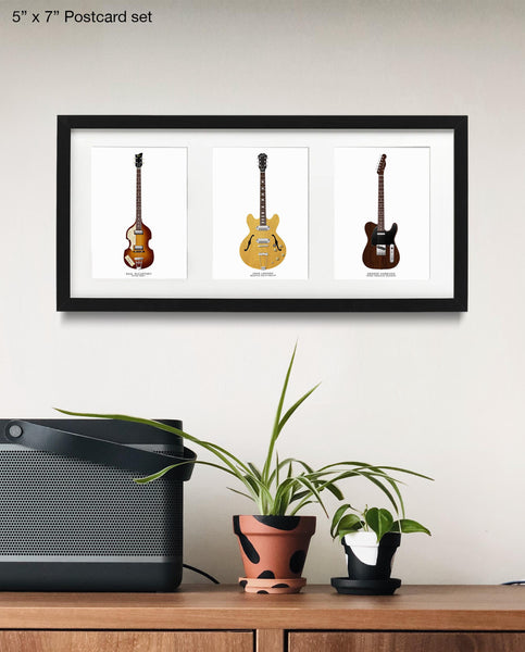 The Beatles Rooftop Guitars Poster: Paul McCartney Hofner 500-1, John Lennon Epiphone Casino, George Harrison Fender Telecaster Guitar Print